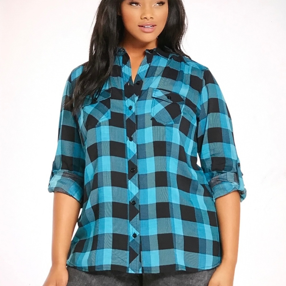 TORRID Challis Camp Shirt Plaid Button Down Top Teal Black Women’s Plus Size 6X
